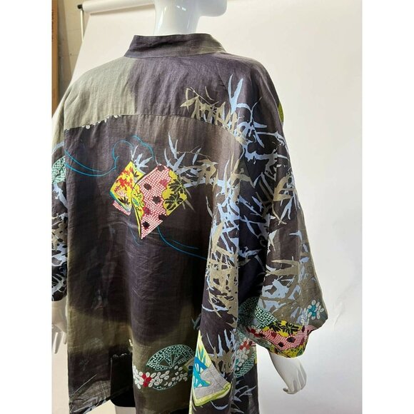 Citron Bohemian Kimono Shirt With Artistic Floral Print & Button Closure Sz 1X - Picture 4 of 12